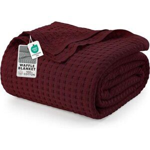 Burgundy Cotton Waffle Blanket Queen 90x90 Lightweight Breathable Bed Cover